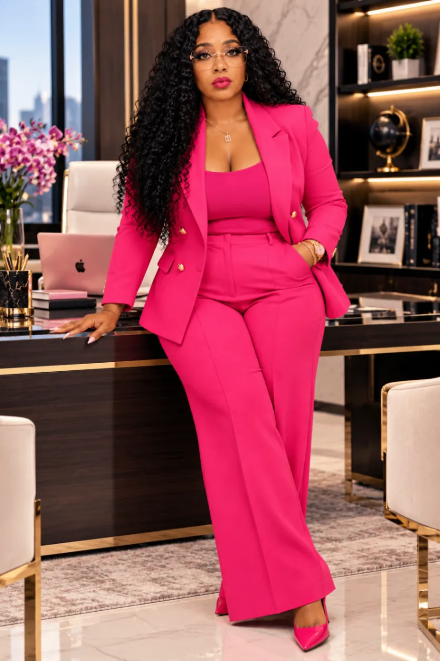 Tearria Strozier standing in a bright pink suit in a modern office